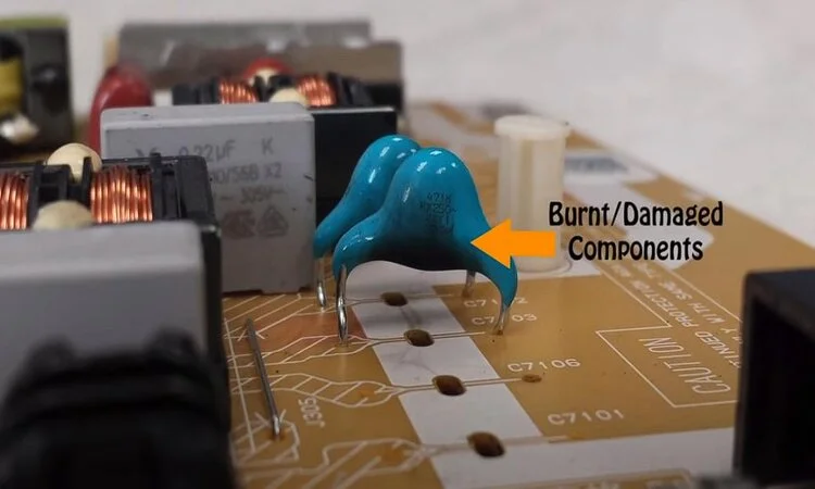 damaged components of samsung tv motherboard