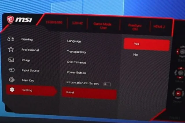 reset MSI monitor to factory settings 